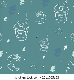 Linear vector pattern: house, month, tree on a blue background. Seamless winter pattern for packaging, gifts, clothes.