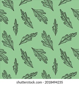 A linear vector pattern of leaves on a green background. Seamless illustration on a botanical theme for printing on fabric, wallpaper, clothing and accessories.