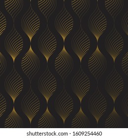 Linear vector pattern, repeating abstract garland golden flower petal or flora on dark background. Pattern is clean for fabric, wallpaper, printing. Pattern is on swatches panel.