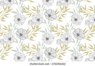 linear vector pattern, repeating abstract Geometry background, gray line of leaf or flower, floral. graphic clean design for fabric, wallpaper etc. pattern is on swatches panel.