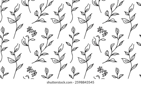 linear vector pattern, repeating abstract leaves, gray line of leaf or flower, floral. graphic clean design for fabric, event, wallpaper etc. pattern is on swatches panel. with white background