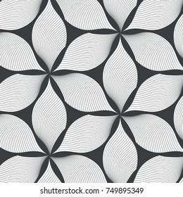 Linear vector pattern repeating abstract skeleton leaves or flowers on dark blue background. 