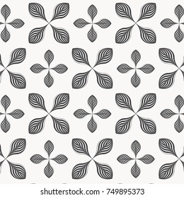 Linear vector pattern repeating abstract skeleton leaves or flowers on cross shapes. 