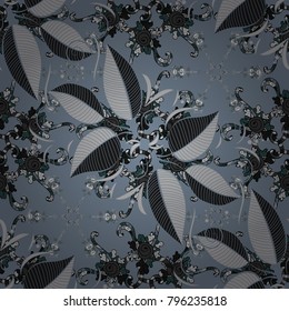 Linear vector pattern, repeating abstract leaves, neutral, gray and black line of leaf or flower, floral. Pattern is on swatches panel. Seamless. Graphic clean design for fabric, event, wallpaper etc.