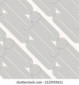 Linear vector pattern, repeating linear circle and linear rounded rectangle shape randomly, monochrome styles. Pattern is clean for fabric, wallpaper, printing. Pattern is on swatches panel