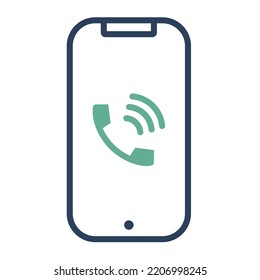 Linear vector phone icon with call sign on screen. Online communication and conversation concept design icon.