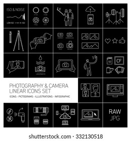 linear vector photography and camera icons set white isolated on black background | illustrations of gear and equipment for professional photographers and amateurs