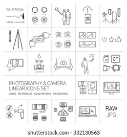 linear vector photography and camera icons set black isolated on white background | illustrations of gear and equipment for professional photographers and amateurs