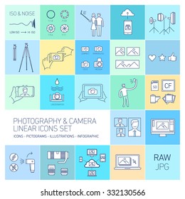 linear vector photography and camera icons set isolated on colorful background | illustrations of gear and equipment for professional photographers and amateurs