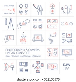 linear vector photography and camera icons set blue and red isolated on white background | illustrations of gear and equipment for professional photographers and amateurs