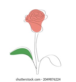 Linear vector rose with leaves drawn by one line with color spots