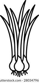 Linear vector of scallion bundle, black and white vegetable graphic, fresh leek plant outline design, organic farm produce.