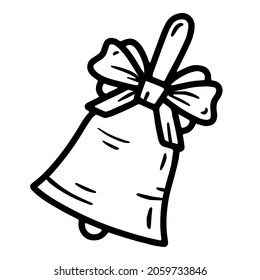 Linear vector school or Christmas bell icon with a bow and ribbon in doodle sketch style