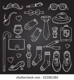 Linear vector set of accessories and things of gentleman. Black background.