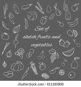 linear vector set of doodle icons of fruits and vegetables isolated on a gray background 