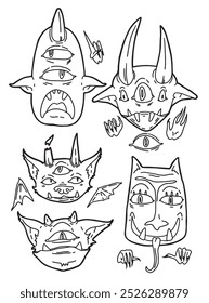 linear vector set of drawn different funny monster faces