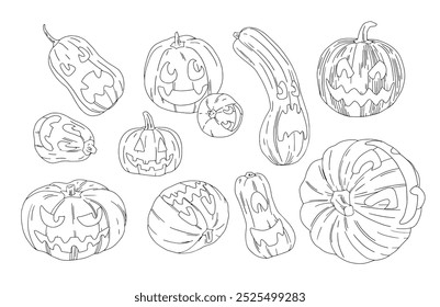 linear vector set of drawn halloween pumpkins of different shapes and with different expressions