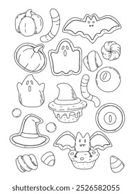vetor linear conjunto de desenhado vários doces de Halloween cupcakes cookies