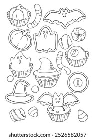 linear vector set of drawn various Halloween candies cupcakes in paper cups cookies