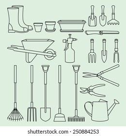 Linear vector set of garden tools and accessories