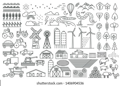 Linear vector set. Green farm. Fields, vegetable gardens, hangars, buildings, barns, agricultural machinery. Collection of linear icons. Eco farm. 