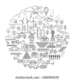 Linear vector set. Green farm. Fields, vegetable gardens, hangars, buildings, barns, agricultural machinery. Collection of linear icons. Eco farm. 
