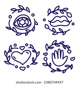 Linear vector set illustration of heart, eyes, hands, lips