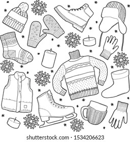 linear vector set on a white background. set on a winter theme. minimalistic image of warm clothes, mugs, snowflakes, candles.