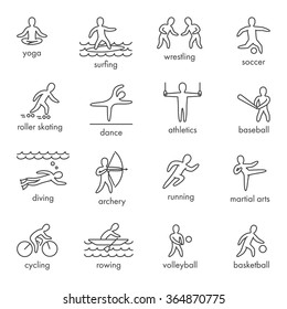 Linear vector shapes athletes. Icon and symbols for popular sports. Black of sportsmen figure isolated on white background.