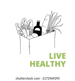 Linear vector Shopping bags with healthy food, vegetables, fruits. Supermarket. Motivational quote about food. Eco, organic, farm. Support local shop. Perfect for supermarkets, menu, shops, delivery