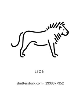 Linear vector silhouette of a predator lion from the cat family. Minimalistic logo image of the lion king of beasts. Male lion with mane.