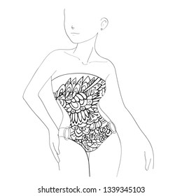 The linear vector silhouette of a woman in a bathing suit with a natural pattern. Summer Girl in One-Piece Swimsuit Bandeau. Black and white illustration.