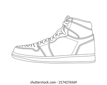 Linear vector sneakers illustration. Man basketball sneaker, outline sign. Footwear fashion symbol isolated on white background. Shoe black logo. Trainers flat drawn. Footwear silhouette, side view