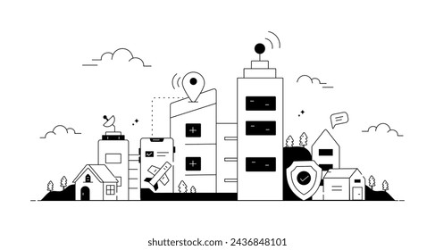 A linear vector symbolizing autonomous , manufacturing units and other Building  elements