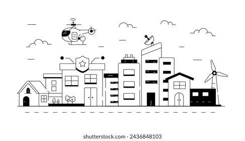 A linear vector symbolizing autonomous , manufacturing units and other Building  elements