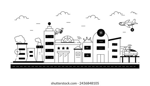 A linear vector symbolizing autonomous , manufacturing units and other Building  elements