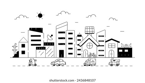 A linear vector symbolizing autonomous , manufacturing units and other Building  elements