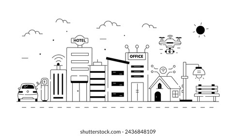 A linear vector symbolizing autonomous , manufacturing units and other Building  elements