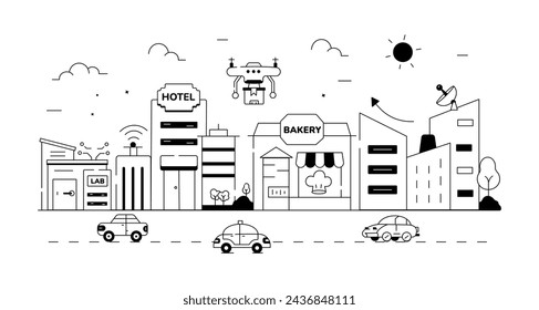 A linear vector symbolizing autonomous , manufacturing units and other Building  elements