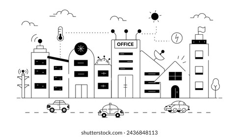 A linear vector symbolizing autonomous , manufacturing units and other Building  elements