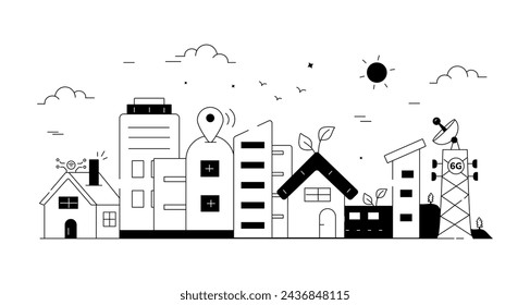 A linear vector symbolizing autonomous , manufacturing units and other Building  elements