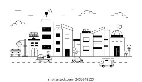 A linear vector symbolizing autonomous , manufacturing units and other Building  elements