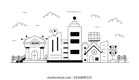 A linear vector symbolizing autonomous , manufacturing units and other Building  elements