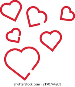 Linear vector with transparent background of various red hearts. Symbol of love and kisses. Couple love and group love. Group of hearts. Day of love and Friendship. Valentine's Day. 