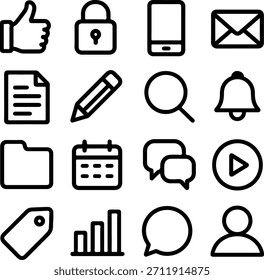 Conjunto de iconos de interfaz de usuario de Vector lineal con símbolos de interfaz esenciales para App, comunicación, archivos, notificaciones y acciones del usuario. Ideal para diseño digital, proyectos de Web e interfaces móviles.