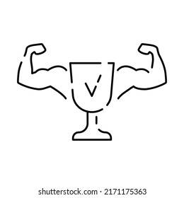 Linear vector web vector line icon set. Healthy ecological lifestyle. Fitness, gym and diet. Muscular arms and first place trophy. Check or done sign