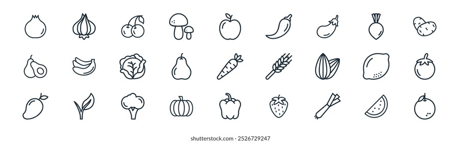 lineares vegetarisches Symbolpaket. Vektor dünne Linie Wassermelone, Knoblauch, Kirsche, Rüben, Birne, Tomate, Paprika, orange Icons geeignet für Apps und Websites ui Designs