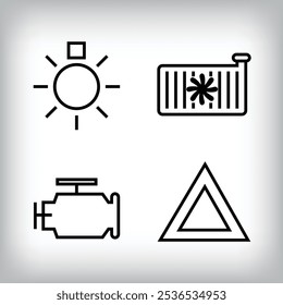 Linear vehicle icon set. Light bulb, emergency sign, radiator and engine vehicle parts and design icon set.