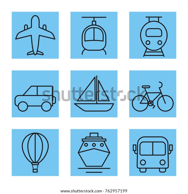 Linear vehicle icons:\
aircraft, helicopter, electric train, car, boat, bicycle, balloon,\
liner, bus.