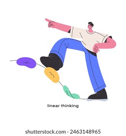 Linear or vertical thinking concept. Analytic thoughts, logical type of mindset. Mental, psychological behavior. MBTI. Confident person pointing with hand. Flat isolated vector illustration on white